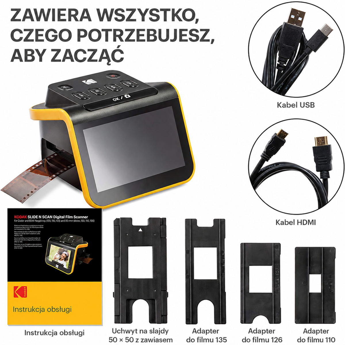 Cyfrowy skaner filmów, skaner filmów i slajdów, który konwertuje negatywy kolorowe i czarno-białe oraz slajdy 35 mm, 126, 110 na wysokiej rozdzielczości zdjęcia cyfrowe JPEG o rozdzielczości 22 MP